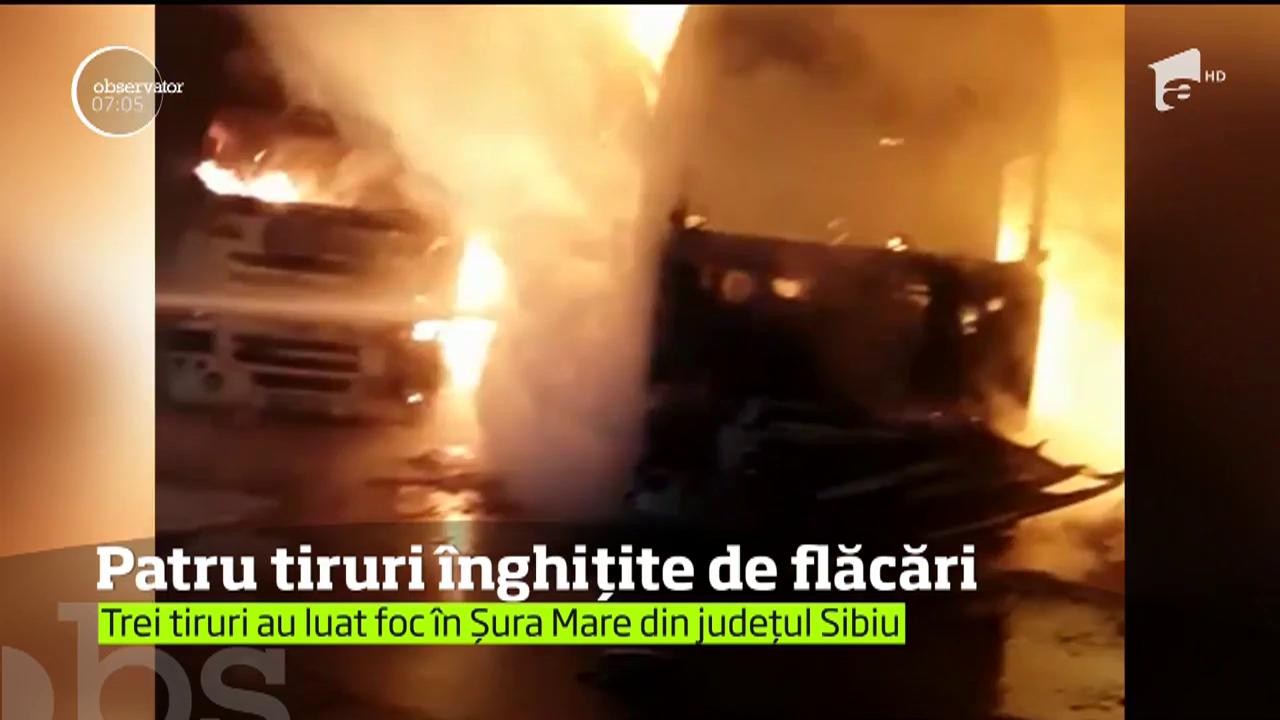 Patru TIR uri au luat foc într o parcare dintr o comună din Sibiu