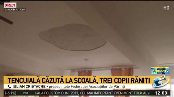 Trei copii au fost răniţi după ce o bucată de tencuială s-a desprins de pe tavanul unei săli de curs. Incidentul se putea transforma &icirc;ntr-o adevărată tragedie!