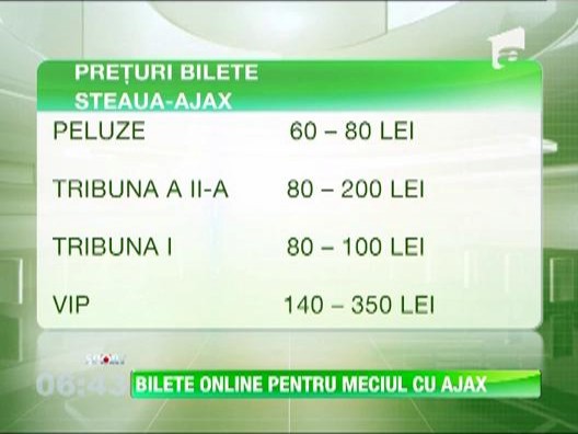 Steaua incepe vanzarea online a biletelor pentru meciul cu Ajax
