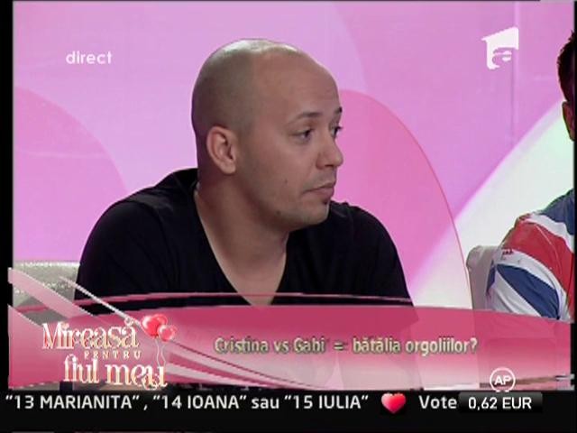 Gabi sustine ca ar vrea sa plece din competitie pentru ca nu ar suporta sa o vada pe Cristina cu un alt baiat