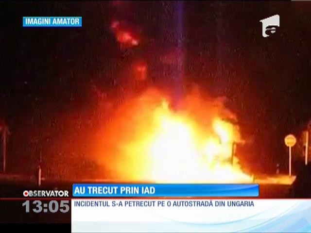 Autocar cu rom&acirc;ni, &icirc;n flăcări pe o autostradă din Ungaria