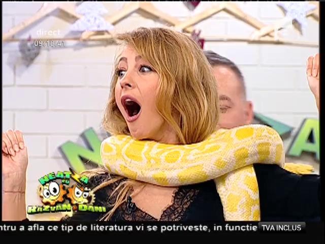 Cea mai curajoasă vecină de la Neatza! Flavia Mihăşan, cu un piton în jurul gâtului!