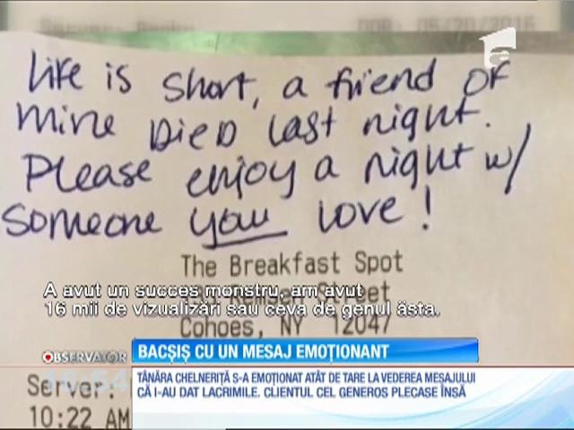 O chelneriţă din New York a primit un bacşiş generos, &icirc;nsoţit de un mesaj emoţionant