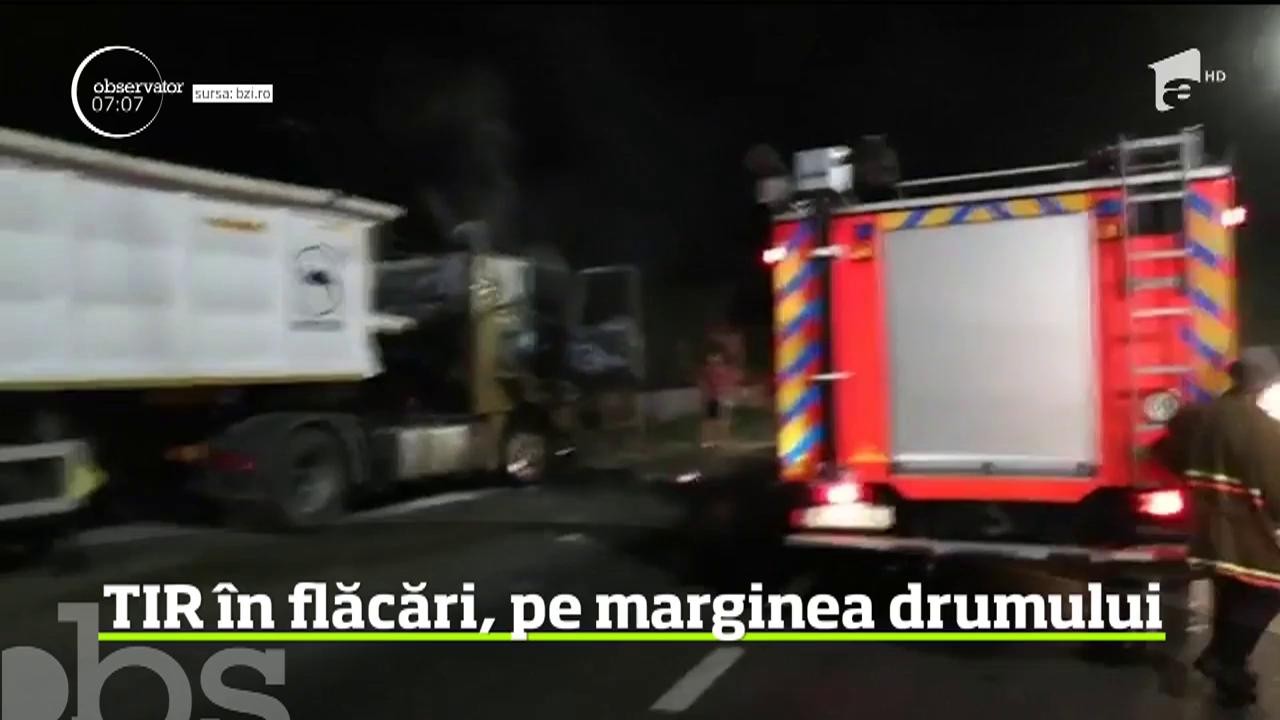 Un TIR &icirc;ncărcat cu gr&acirc;u a luat foc pe o stradă intens circulată din Leţcani, judeţul Iaşi