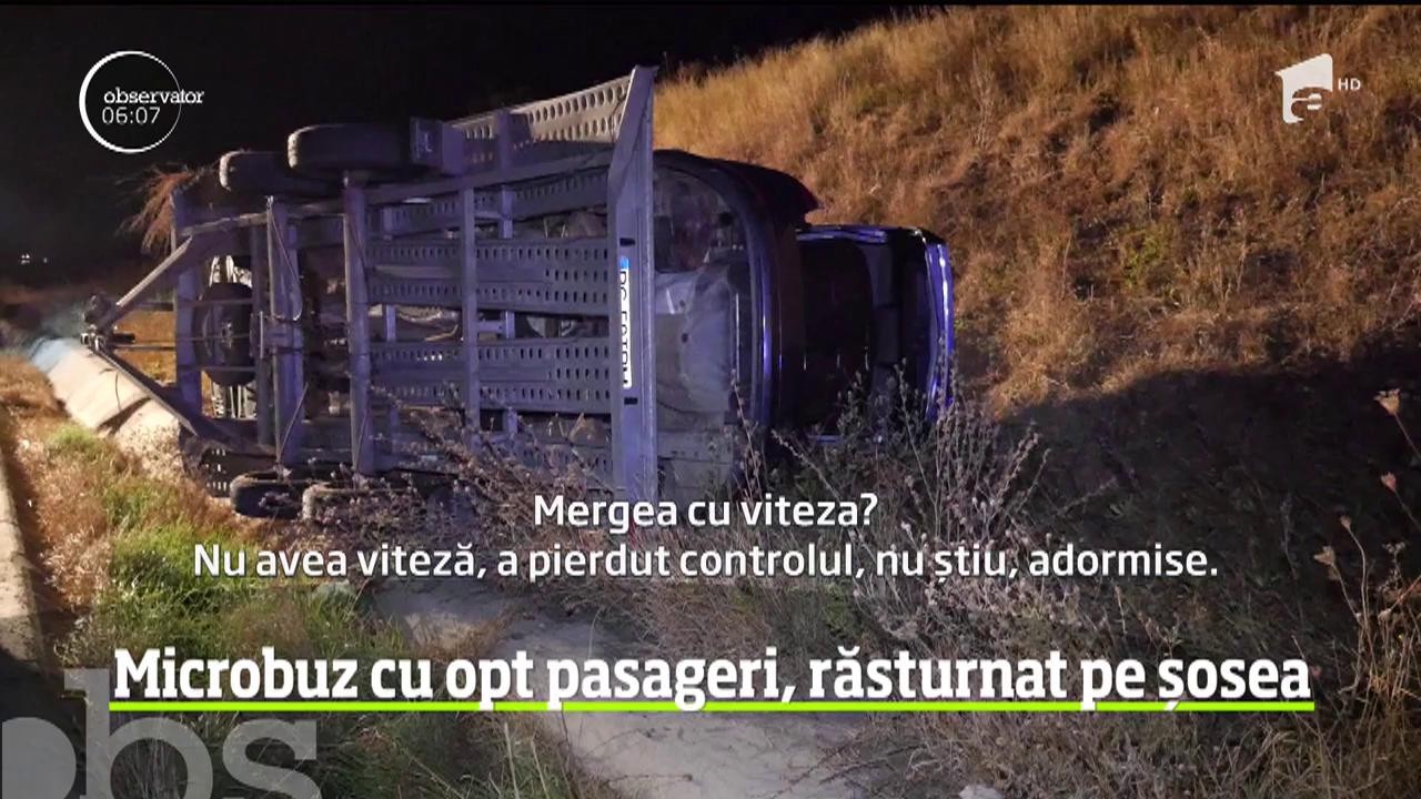 Opt oameni au fost la un pas de moarte, după ce microbuzul &icirc;n care se aflau s-a răsturnat pe autostrada Sibiu-Sebeş