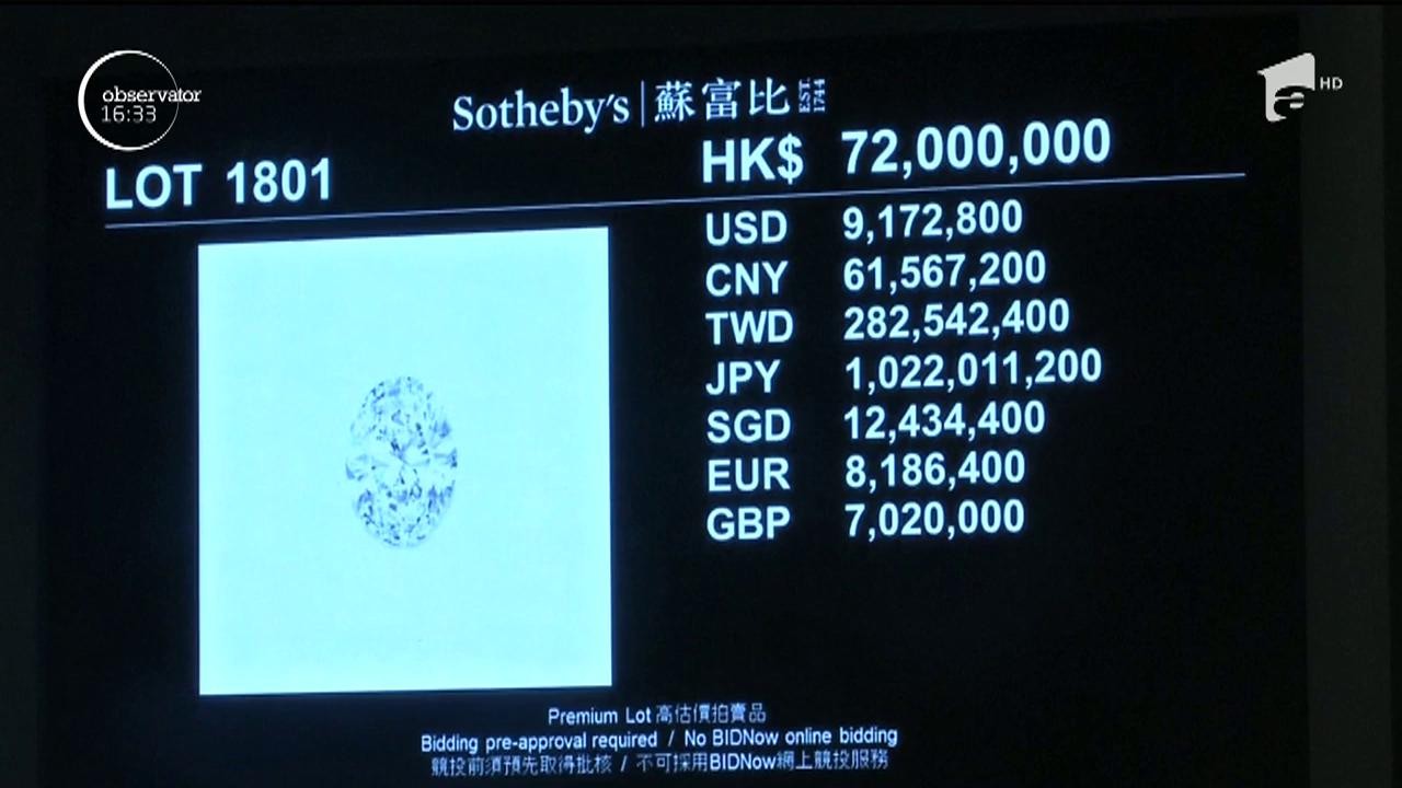 Un diamant oval de 88 de carate a fost v&acirc;ndut cu aproape 14 milioane de dolari
