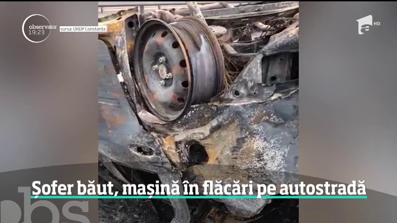 Șofer băut, mașină &icirc;n flăcări pe autostradă