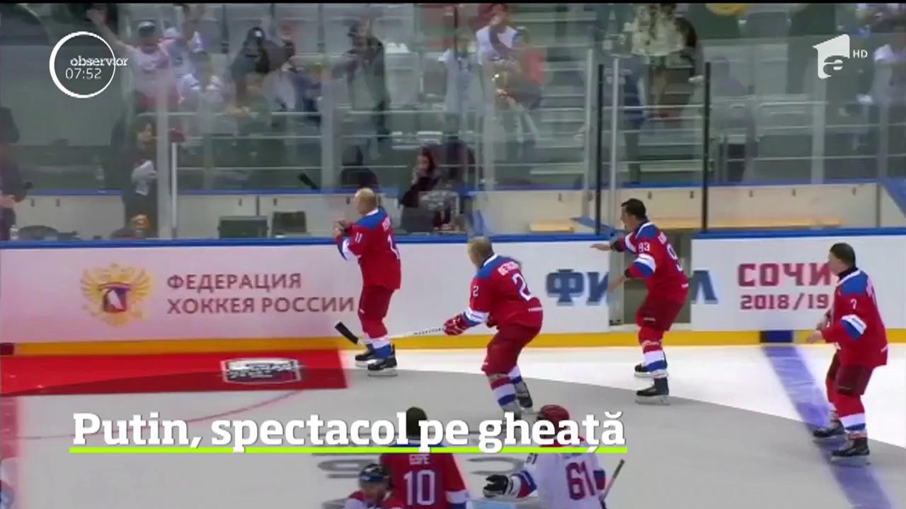 Vladimir Putin a făcut spectacol pe gheaţă &icirc;ntr-un meci de hochei alături de oficiali de rang &icirc;nalt şi celebrităţi din Rusia