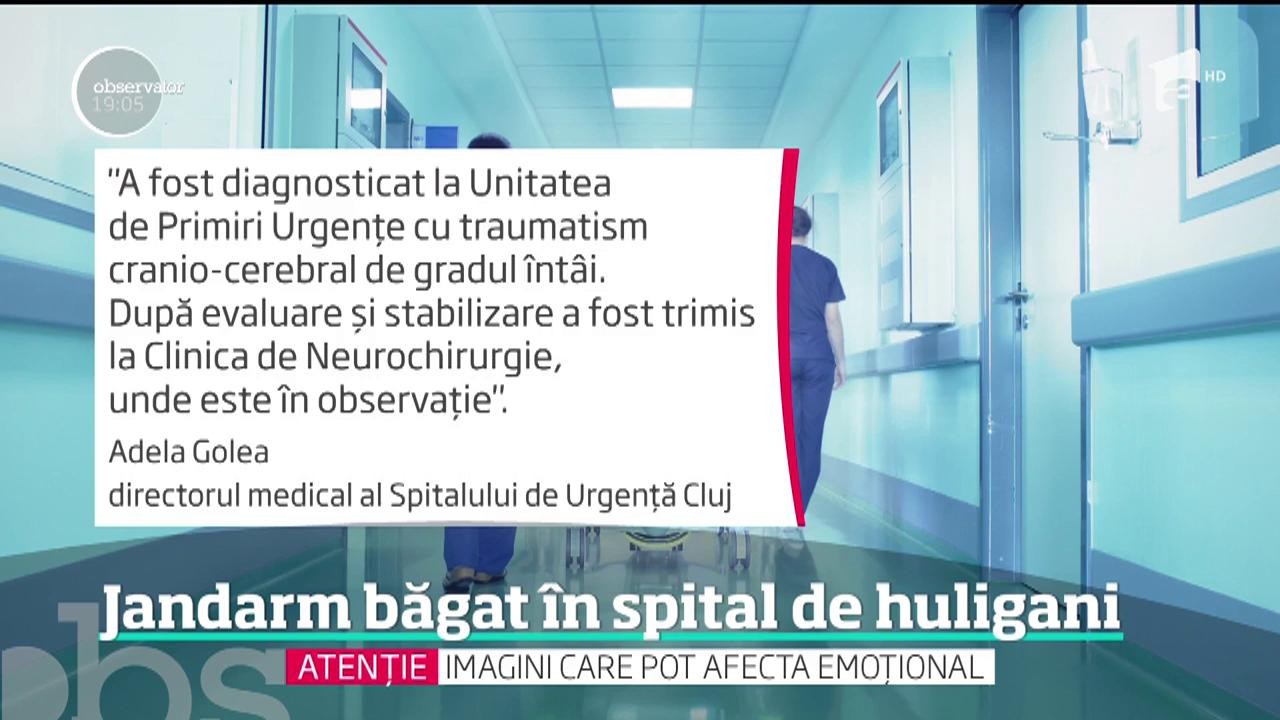 Un jandarm a ajuns la spital după ce a fost lovit &icirc;n cap cu un scaun de metal aruncat de un huligan