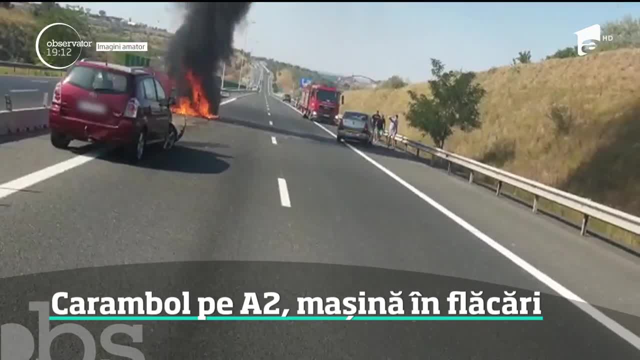 O maşină a luat foc pe Autostrada Soarelui, după un accident &icirc;n lanţ produs pe sensul de mers spre Bucureşti