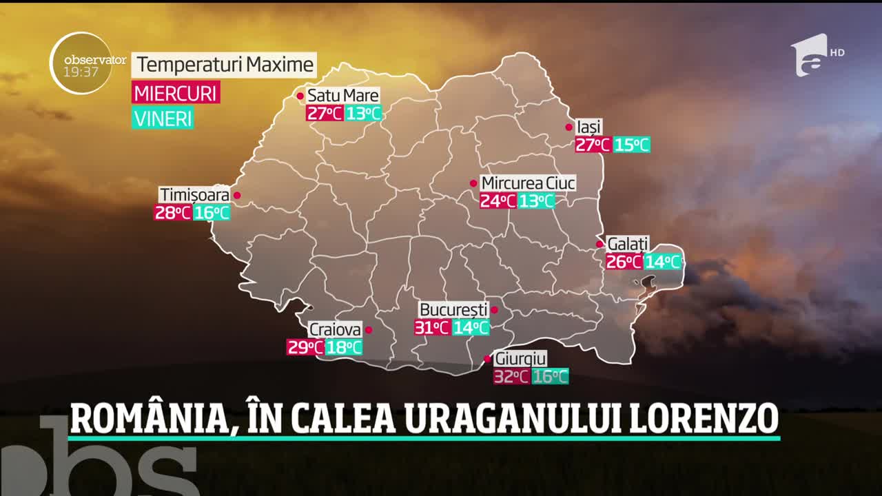 Rom&acirc;nia, &icirc;n calea uraganului Lorenzo. Temperaturile vor cobor&icirc; de la 27 de grade la cinci grade