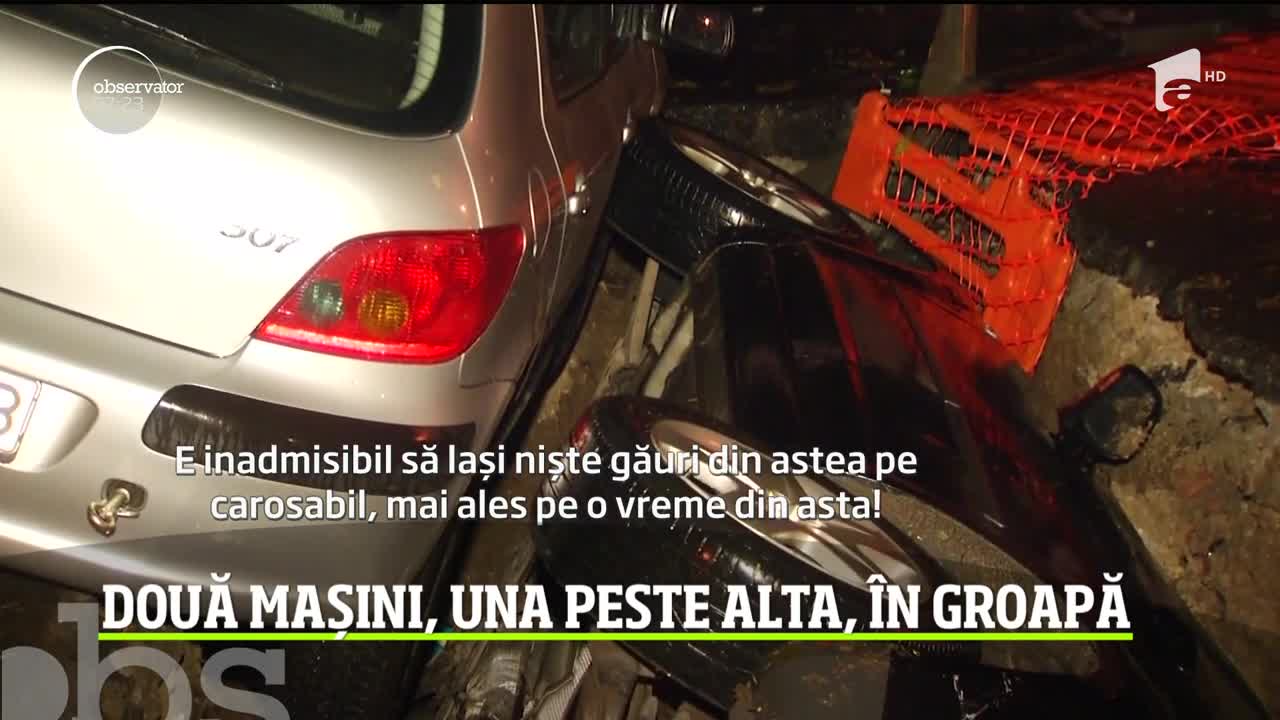 Imagini halucinante &icirc;n cartierul Drumul Taberei din Capitală. Doi şoferi au căzut cu maşinile, unul peste celălalt, &icirc;ntr-o groapă uriaşă