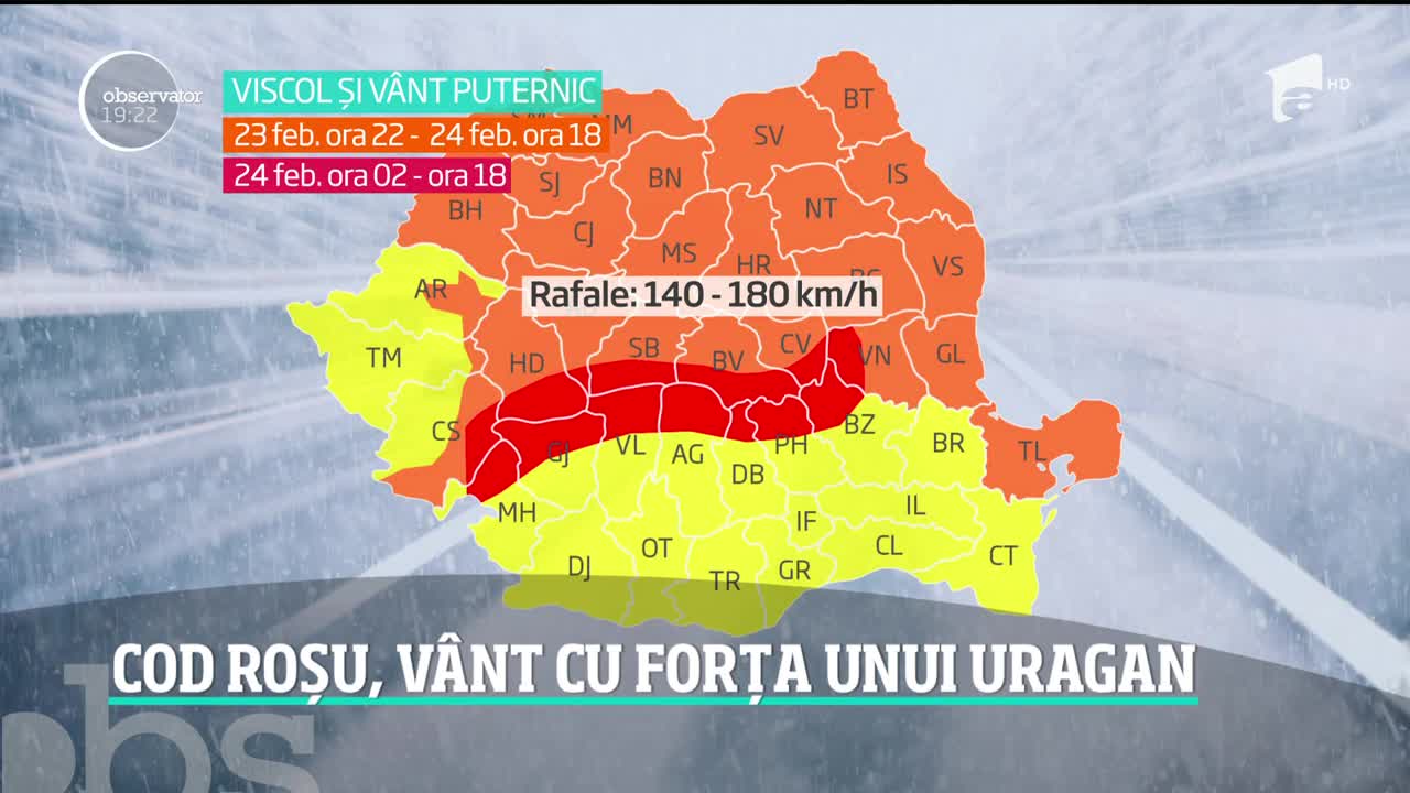 Iarna de cod roşu revine &icirc;n Rom&acirc;nia! Rafale de 180 de kilometri pe oră vor spulbera 14 judeţe