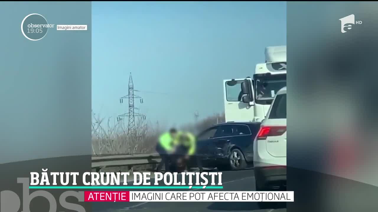 Scene de o violenţă extremă pe Autostrada Soarelui! O poliţistă a fost filmată &icirc;n momentul &icirc;n care &icirc;l loveşte cu piciorul &icirc;n cap pe un şofer
