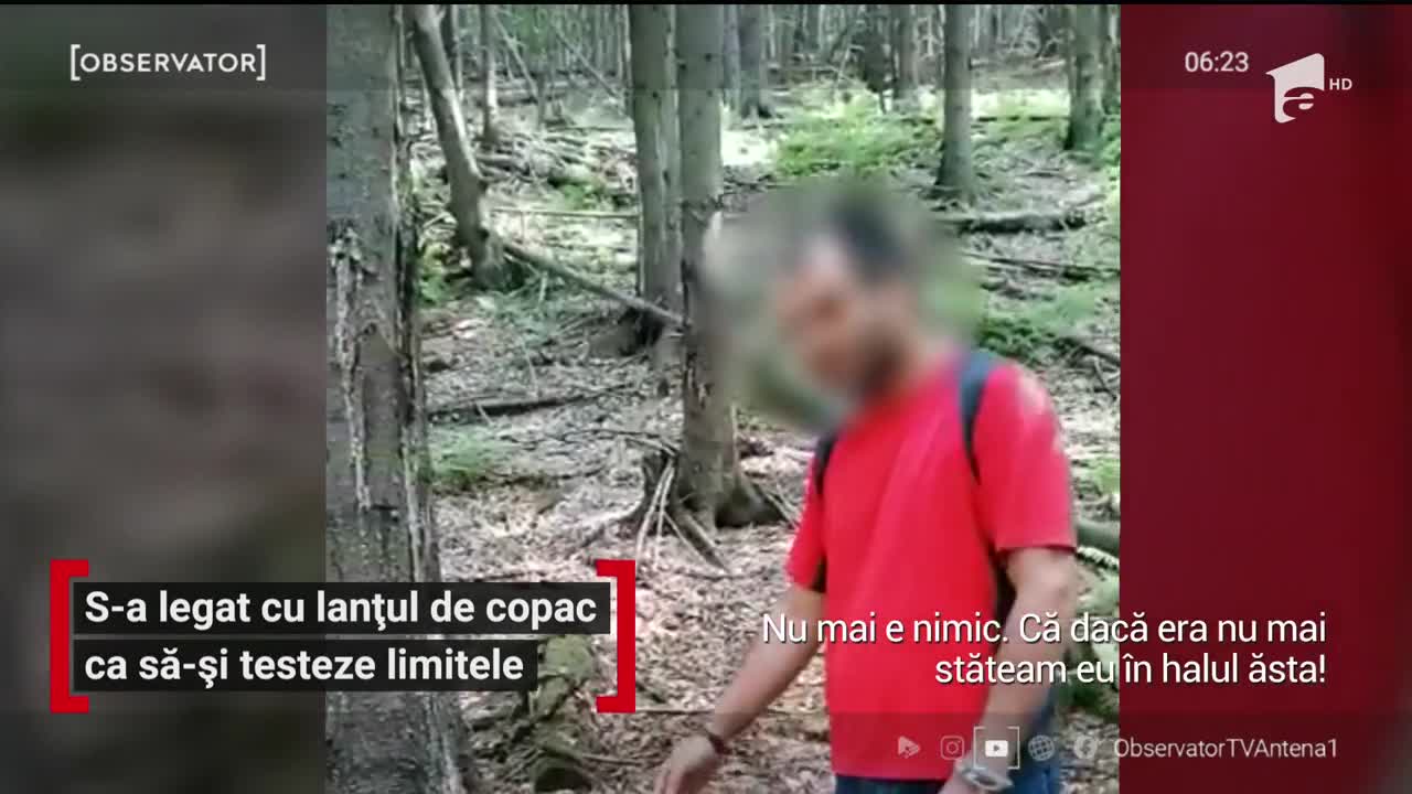 Un t&acirc;năr s-a legat cu lanțul de copac ca să-și testeze limitele