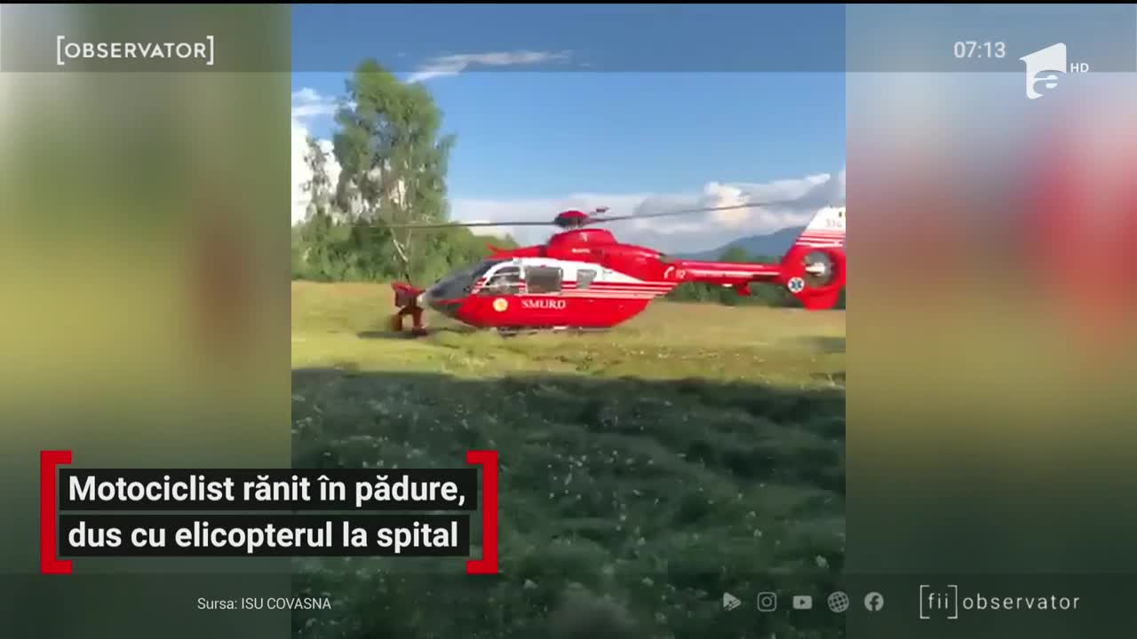 Motociclist rănit &icirc;n pădure, dus cu elicopterul la spital
