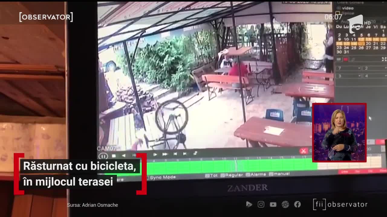 Amuzant! A căzut de pe bicicletă chiar &icirc;n mijlocut unei terase din centrul Braşovului