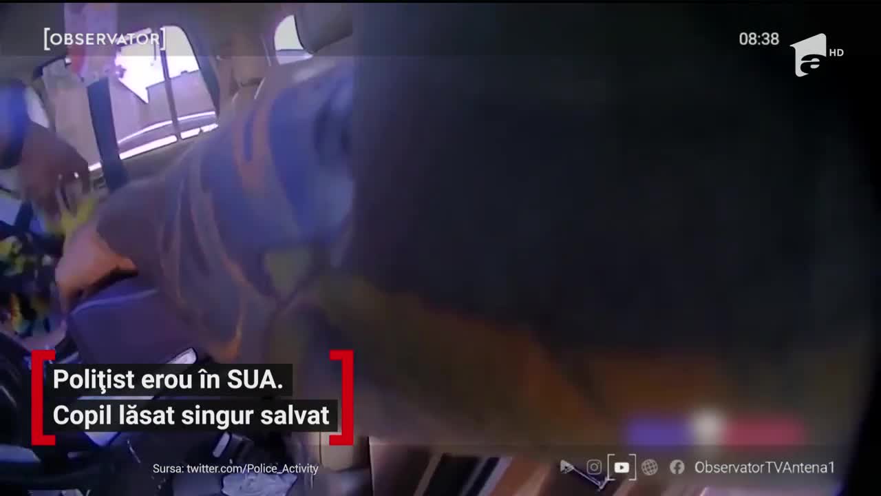 Copil lăsat singur &icirc;n mașină pe o căldură infernală, salvat de un polițist erou