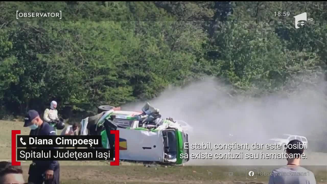Viteză, adrenalină şi momente de panică la raliul Iaşului. Maşina campionului naţional a zburat de pe traseu, s-a răsturnat de c&acirc;teva ori şi apoi a luat foc