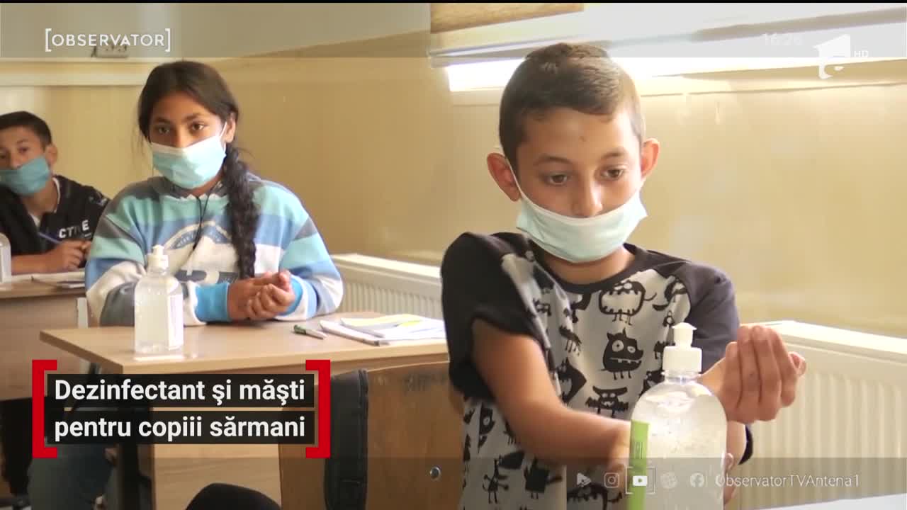 Dezinfectant și măști pentru copiii sărmani