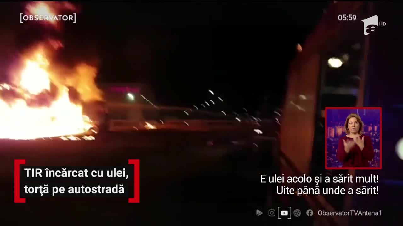 Un TIR &icirc;ncărcat cu ulei a luat foc şi a ars ore &icirc;ntregi ca o torţă, pe Autostrada Bucureşti-Piteşti