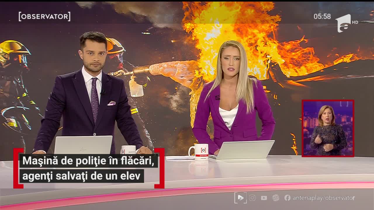 Mașină de poliție &icirc;n flăcări, agenți salvați de un elev, &icirc;n C&acirc;mpulung Muscel