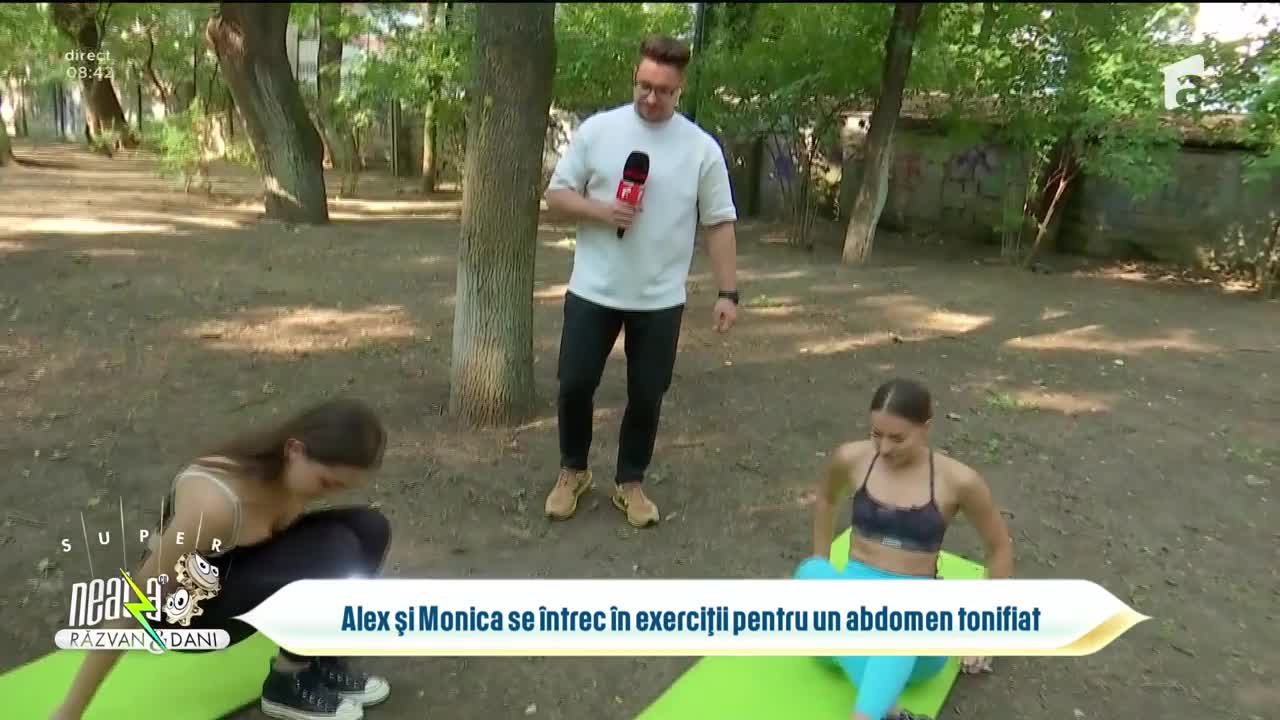 Super Neatza, 17 iulie 2023. Alex și Monica Chira se &icirc;ntrec &icirc;n exerciții pentru un abdoment tonifiat