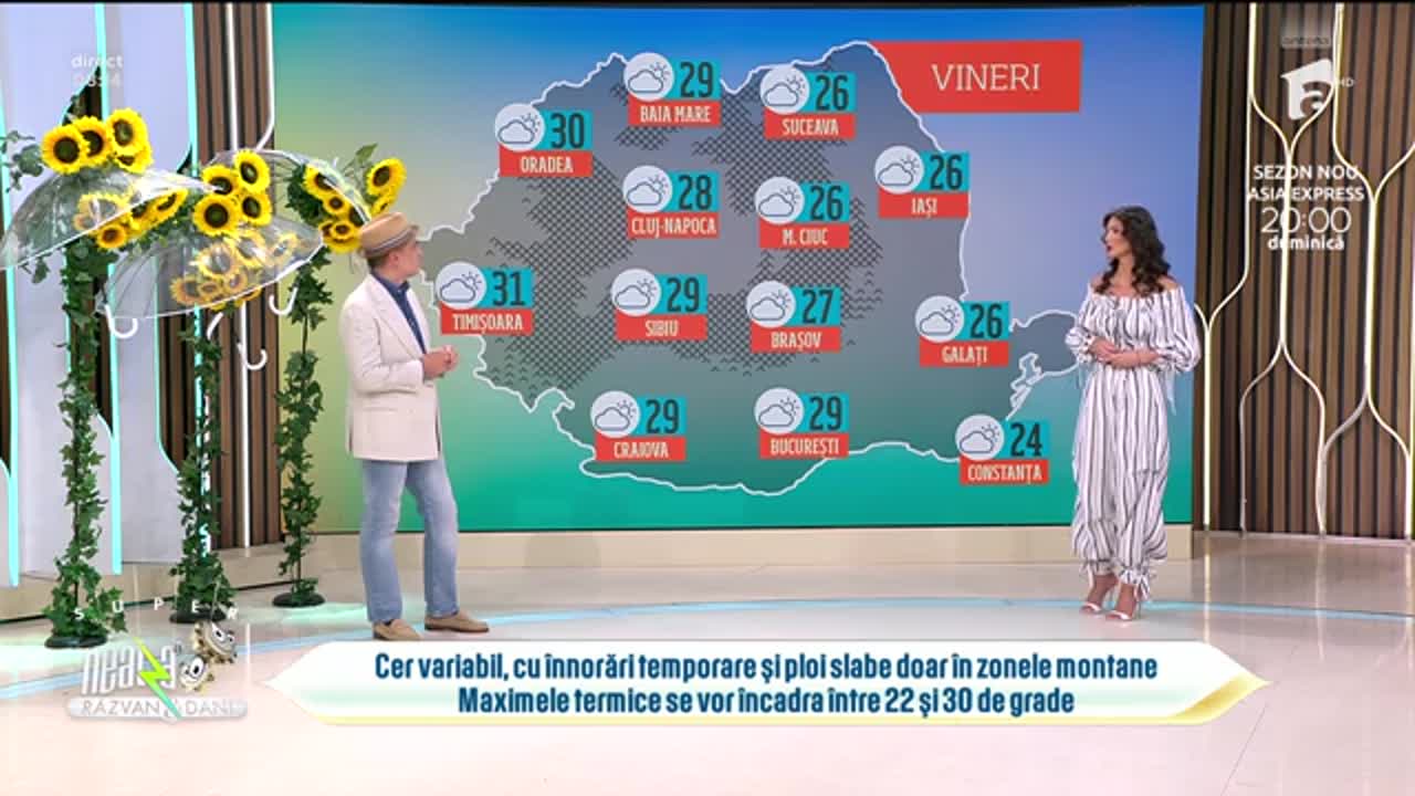 Super Neatza. Prognoza meteo cu Ramona Olaru: Maxime termice cuprinse &icirc;ntre 22 și 30 de grade