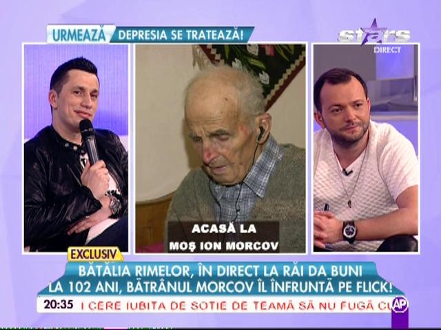 Bătălia rimelor la "Răi da' buni"! La 102 ani, Moş Morcov &icirc;l &icirc;nfruntă pe Flick. Poeziile bătr&acirc;nului i-au dat de bătăi de cap