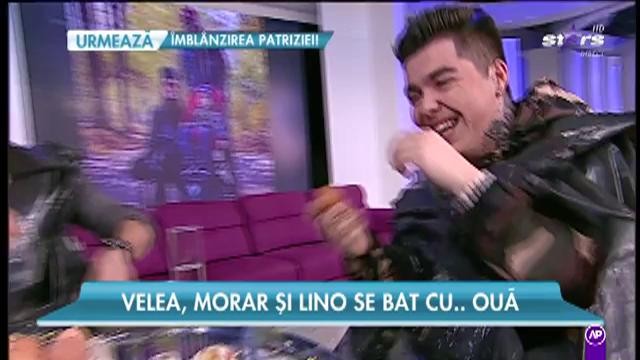 Bătaie cu ouă &icirc;n platoul "Răi da' Buni"! Alex Velea, Lino şi Mihai Morar, plini ochi de gălbenuş