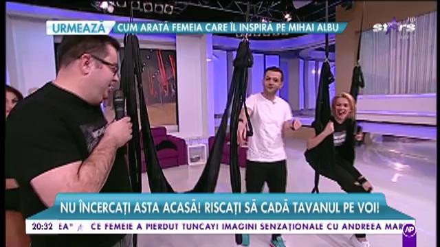 Aerial Yoga &icirc;n platoul lui Mihai Morar! Diana Dumitrescu şi Elena Marin, show care l-a făcut pe Mihai Morar să privească lung: "Ai un spate foarte frumos"