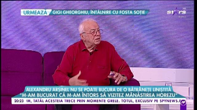 Alexandru Arșinel nu se poate bucura de o bătrânețe liniștită. Acasă își vede soția imobilizată, la teatru vorbește cu fotografia Stelei Popescu