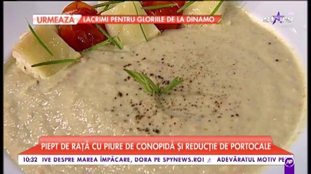 Piept de rață cu piure de conopidă și reducție de portocale