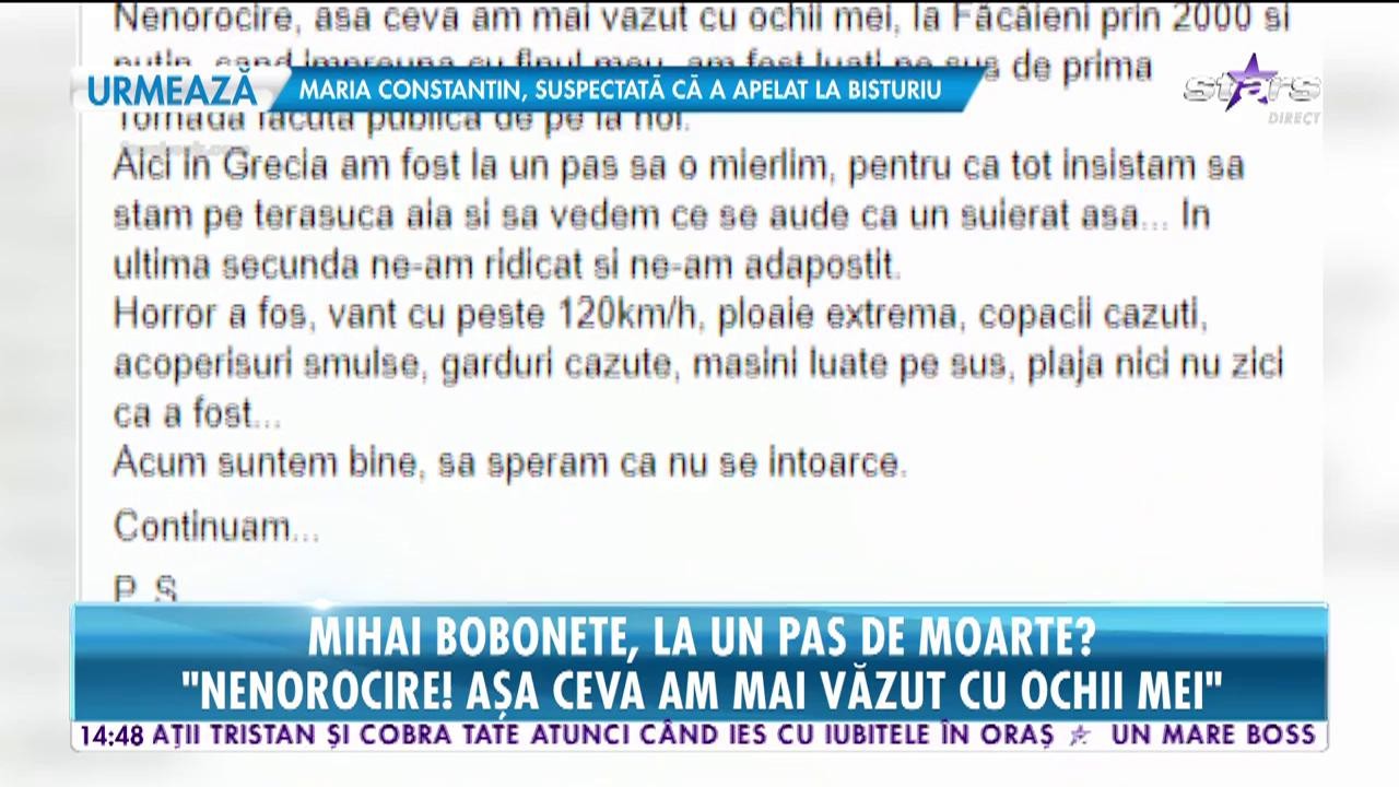Star News. Mihai Bobonete, la un pas de moarte? Actorul a fost prins &icirc;n furtuna din Grecia: Am fost luați pe sus de prima tornadă