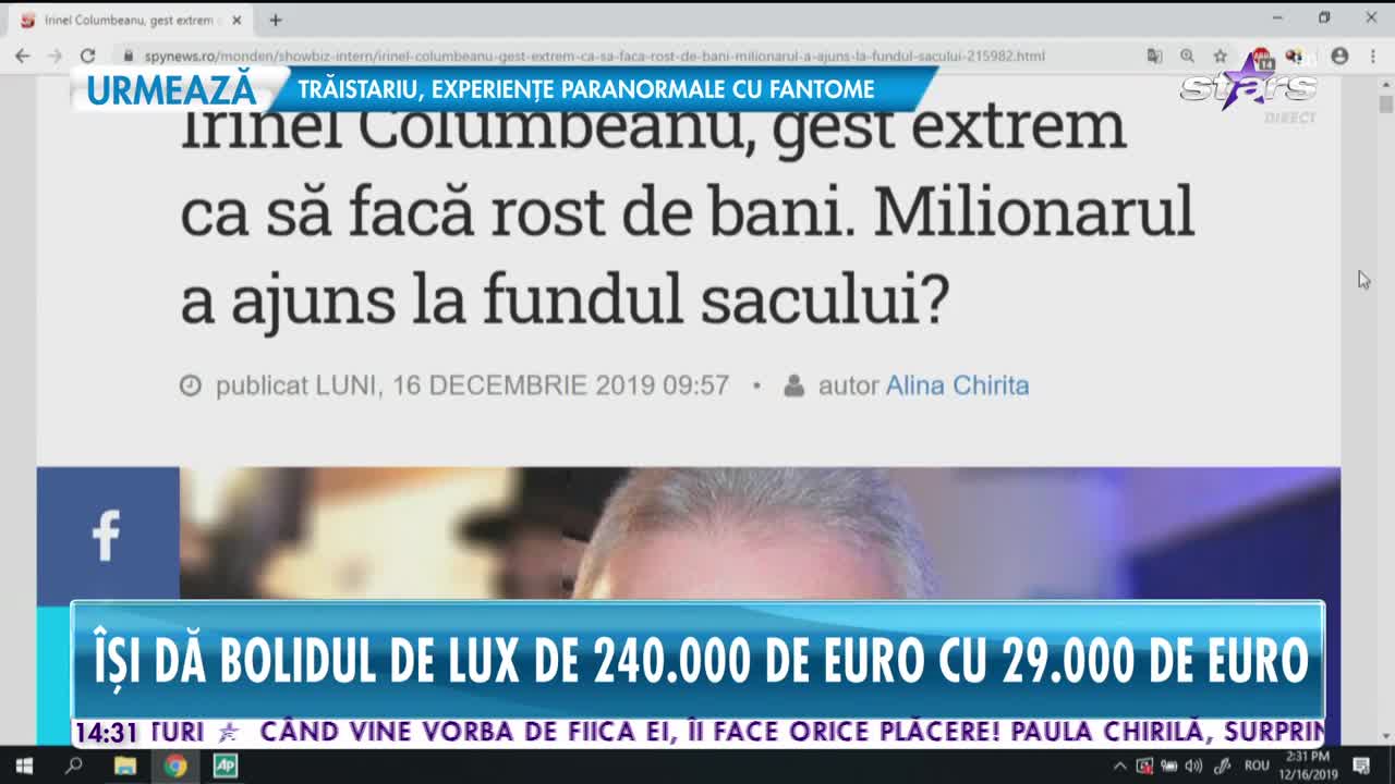 Star News. Irinel Columbeanu pare că are mari probleme financiare. Cu c&acirc;t &icirc;și vinde bolidul de lux