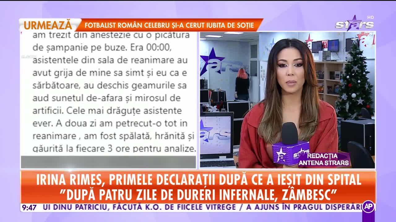 Star Matinal. Irina Rimes, primele declaraţii după ce a ieşit din spital: M-am trezit din anestezie cu o picătura de șampanie pe buze