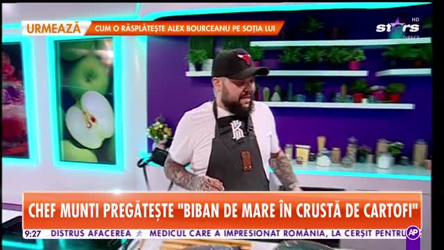 Reţeta lui Chef Munti - Star Matinal: Biban de mare &icirc;n crustă de cartofi cu piure de țelină și ulei de busuioc