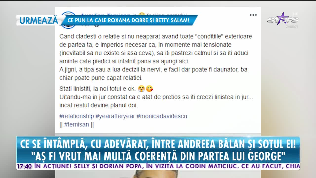 Star News. Ce mesaj a transmis Aurelian Temişan după ce s-a spus că Andreea Bălan ar divorța