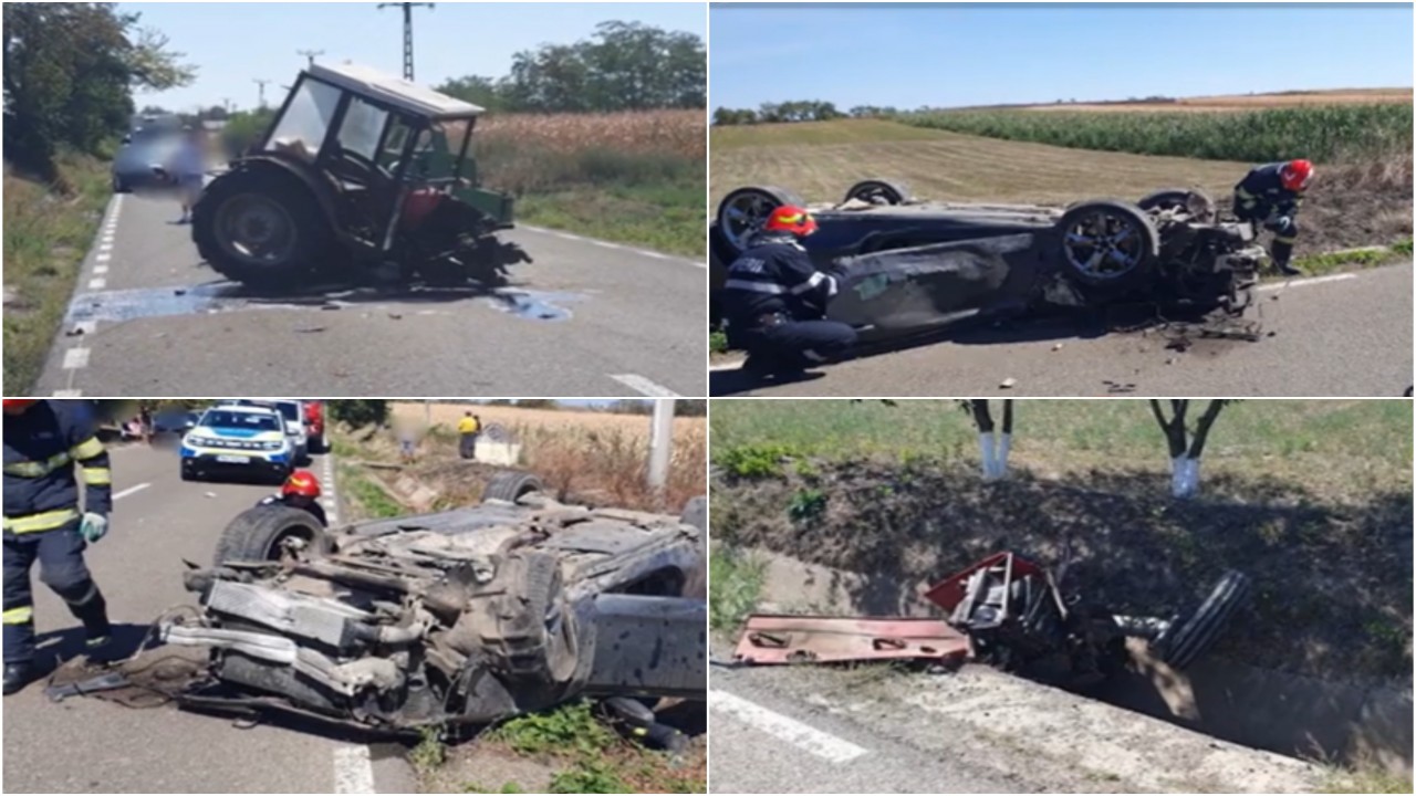 Trei persoane, la un pas de moarte în Botoșani. Mașina lor s-a izvbit violent cu un tractor și s-a răsturnat. Utilajul, rupt în impact