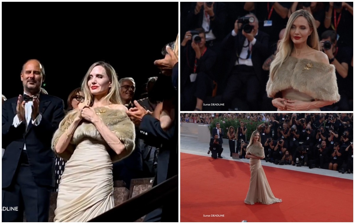 Angelina Jolie, în lacrimi la Festivalul de Film de la Veneţia. Actrița a făcut senzație într-o rochie de mătase bej, la care a asortat o capă de blană