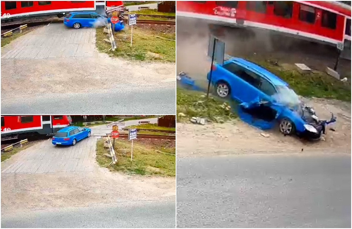 Momentul în care mașina tinerei din Iași e spulberată de tren. A oprit vehiculul direct pe șine și n-a mai apucat să reacționeze