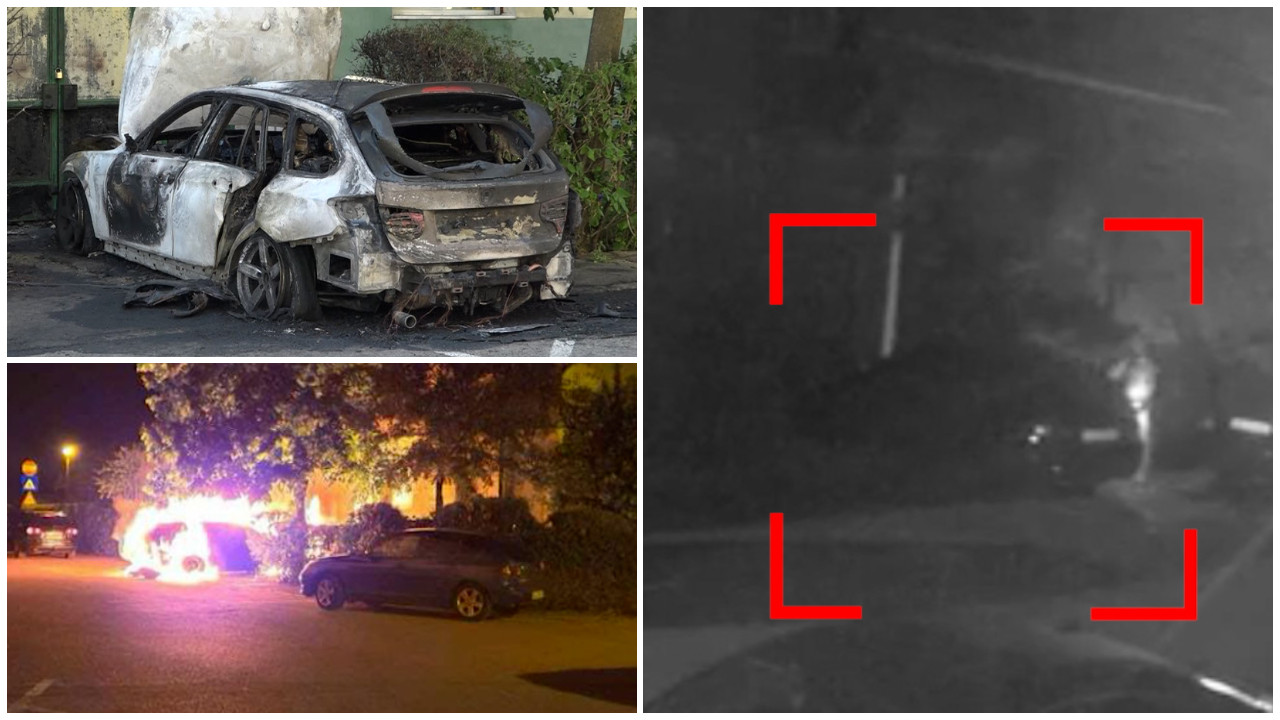 Momentul în care doi bărbaţi dau foc maşinii rivalului, lângă un bloc din Orăştie. Incendiatorii sunt căutaţi