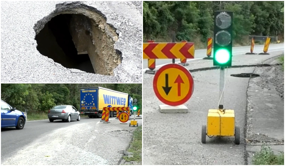 Craterul care blochează DN 56A din februarie. Șoferii, revoltați: "Stau și câte o oră în trafic"