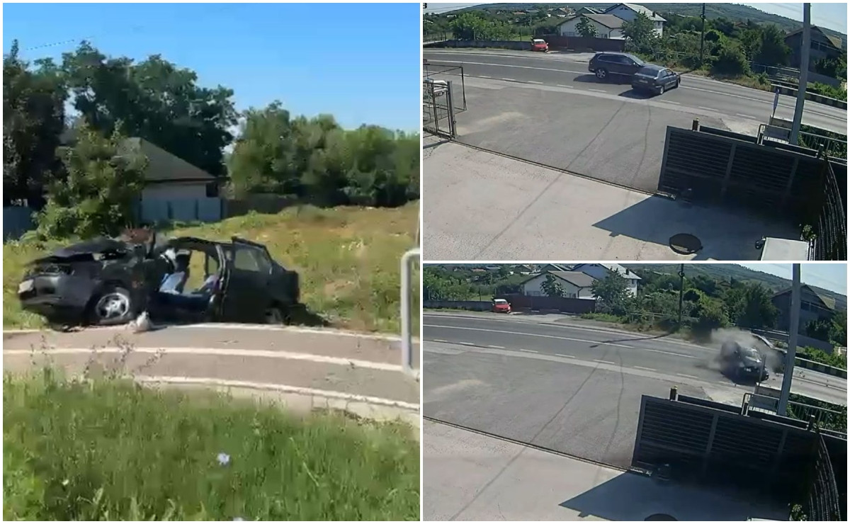 Momentul în care un șofer din Prahova iese din curte și este lovit în plin și aruncat de un alt autoturism
