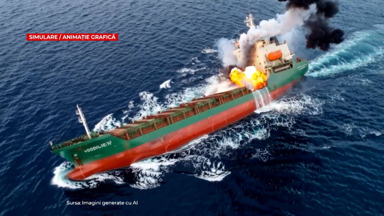 ANIMAȚIE. Navă, scufundată de dronă în apele economice românești. Marinarii, salvați în ultima clipă