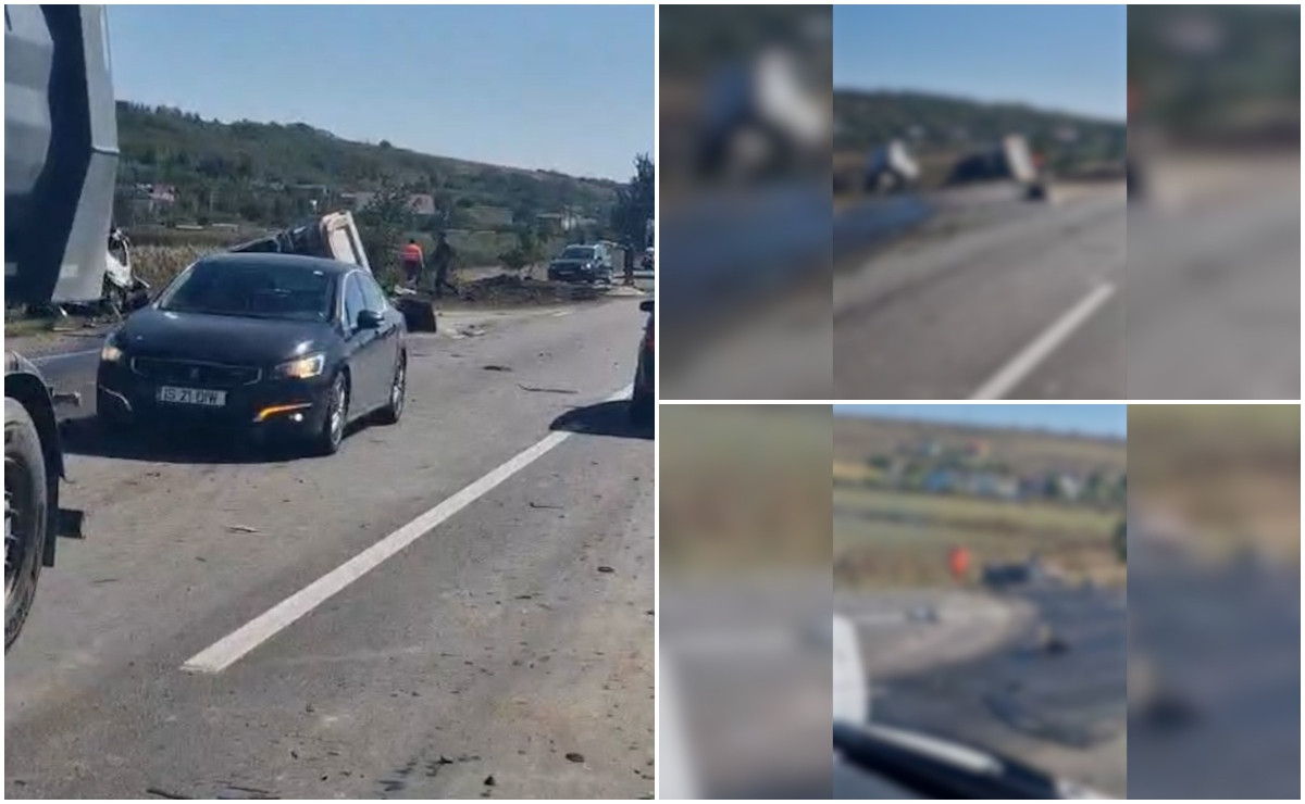 O persoană a murit, după ce un camion s-a răsturnat peste o mașină în Iași. Autoturismul, distrus complet